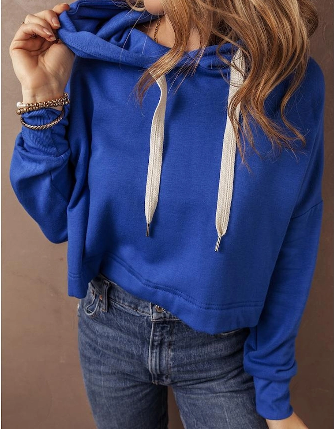 Dark Blue Solid Drop Shoulder Drawstring Cropped Hoodie