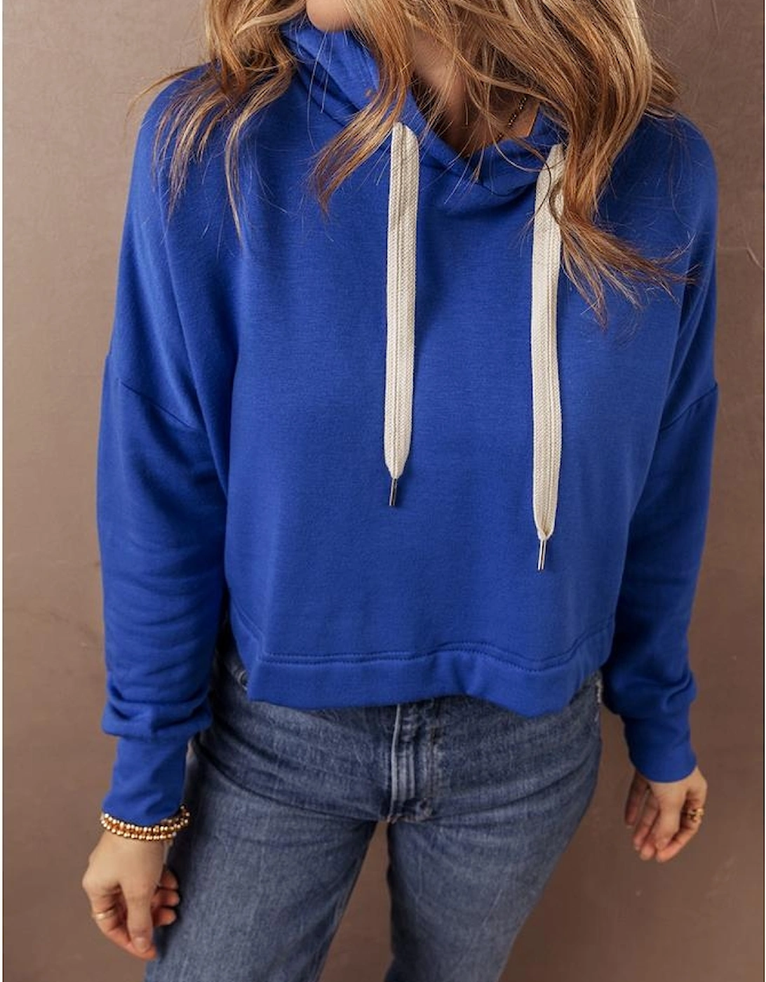 Dark Blue Solid Drop Shoulder Drawstring Cropped Hoodie