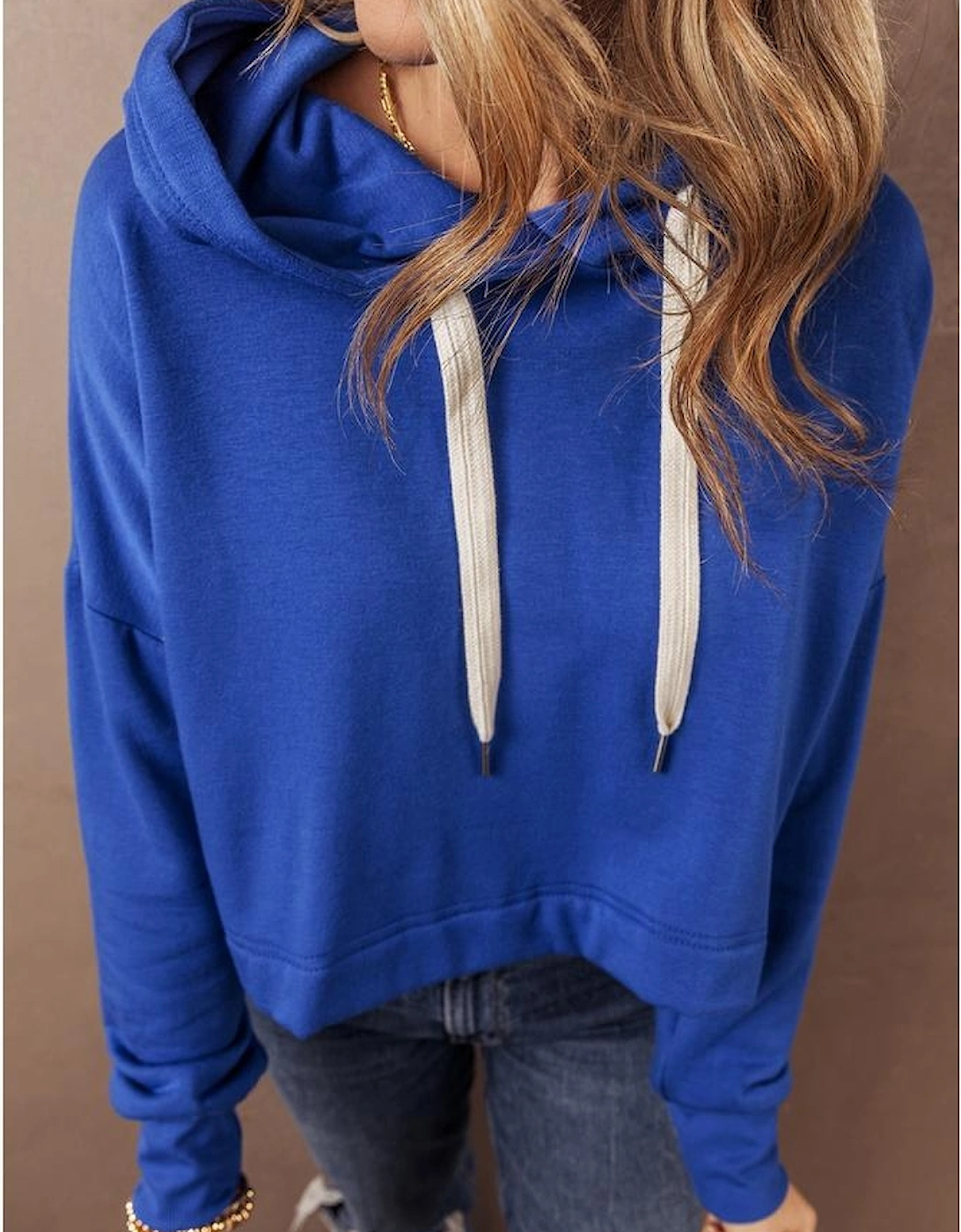 Dark Blue Solid Drop Shoulder Drawstring Cropped Hoodie