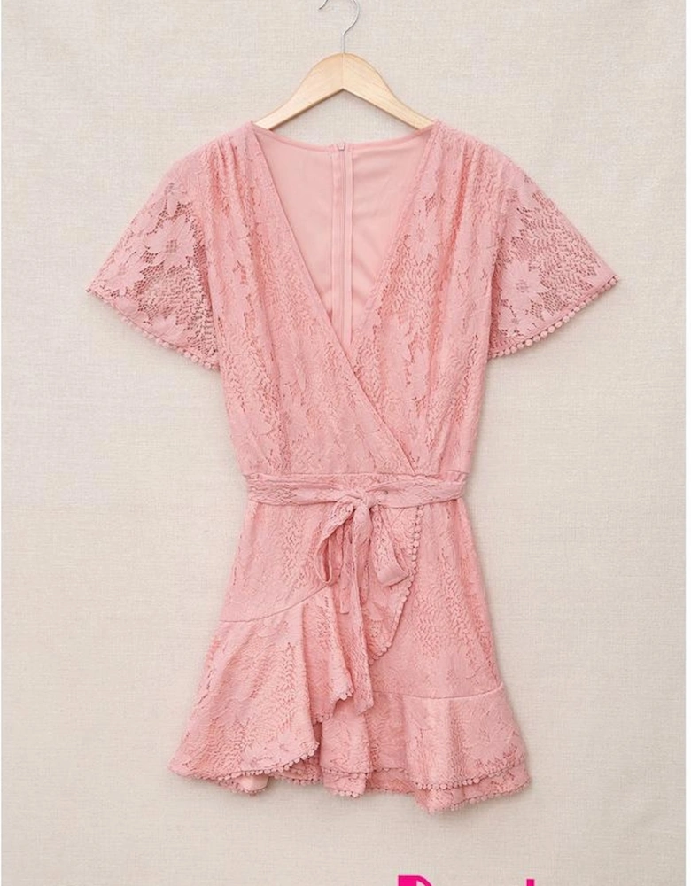 Azura Exchange Pink Flutter Sleeve Wrap V Neck Floral Lace Short Dress