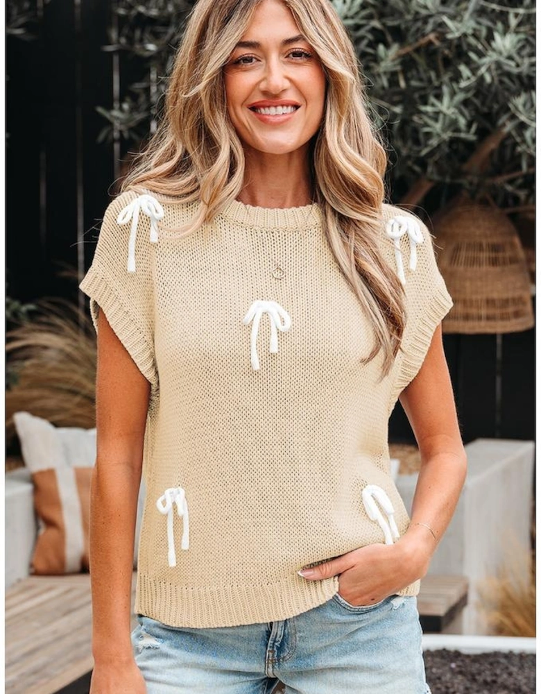 Parchment Bowknot Applique Cap Sleeve Sweater
