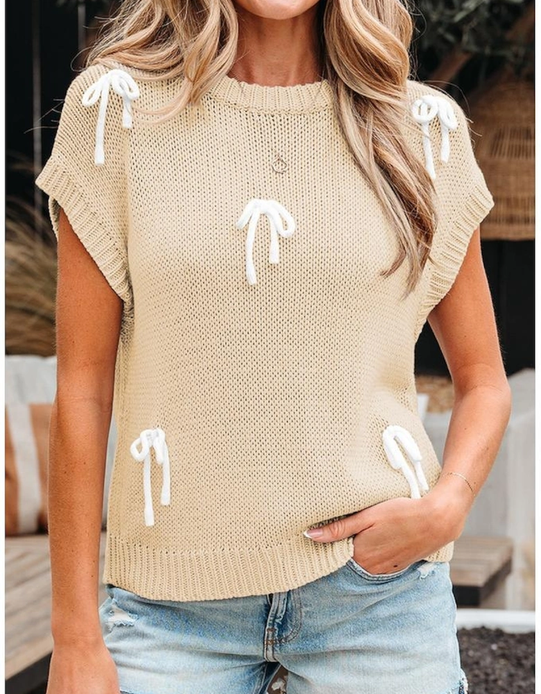 Parchment Bowknot Applique Cap Sleeve Sweater