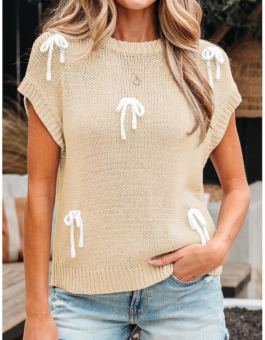 Parchment Bowknot Applique Cap Sleeve Sweater