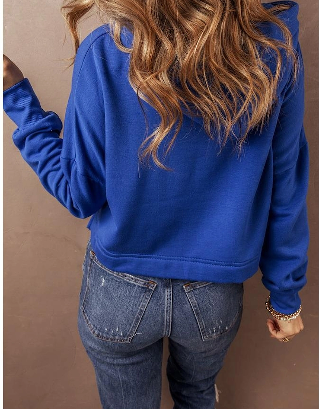 Dark Blue Solid Drop Shoulder Drawstring Cropped Hoodie