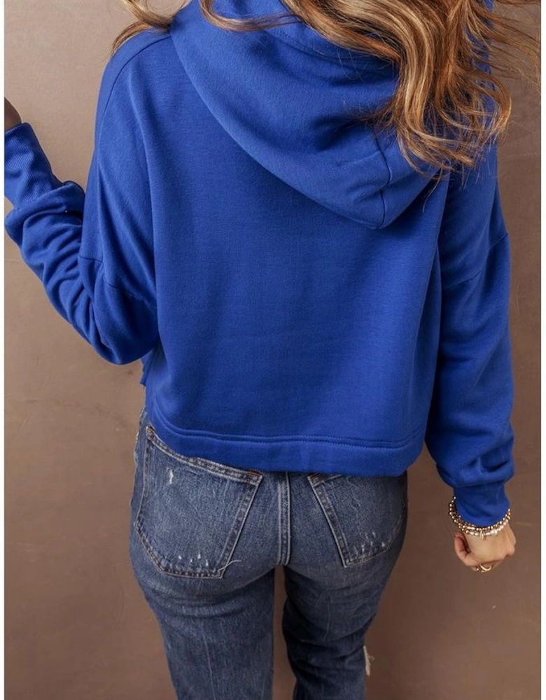 Dark Blue Solid Drop Shoulder Drawstring Cropped Hoodie