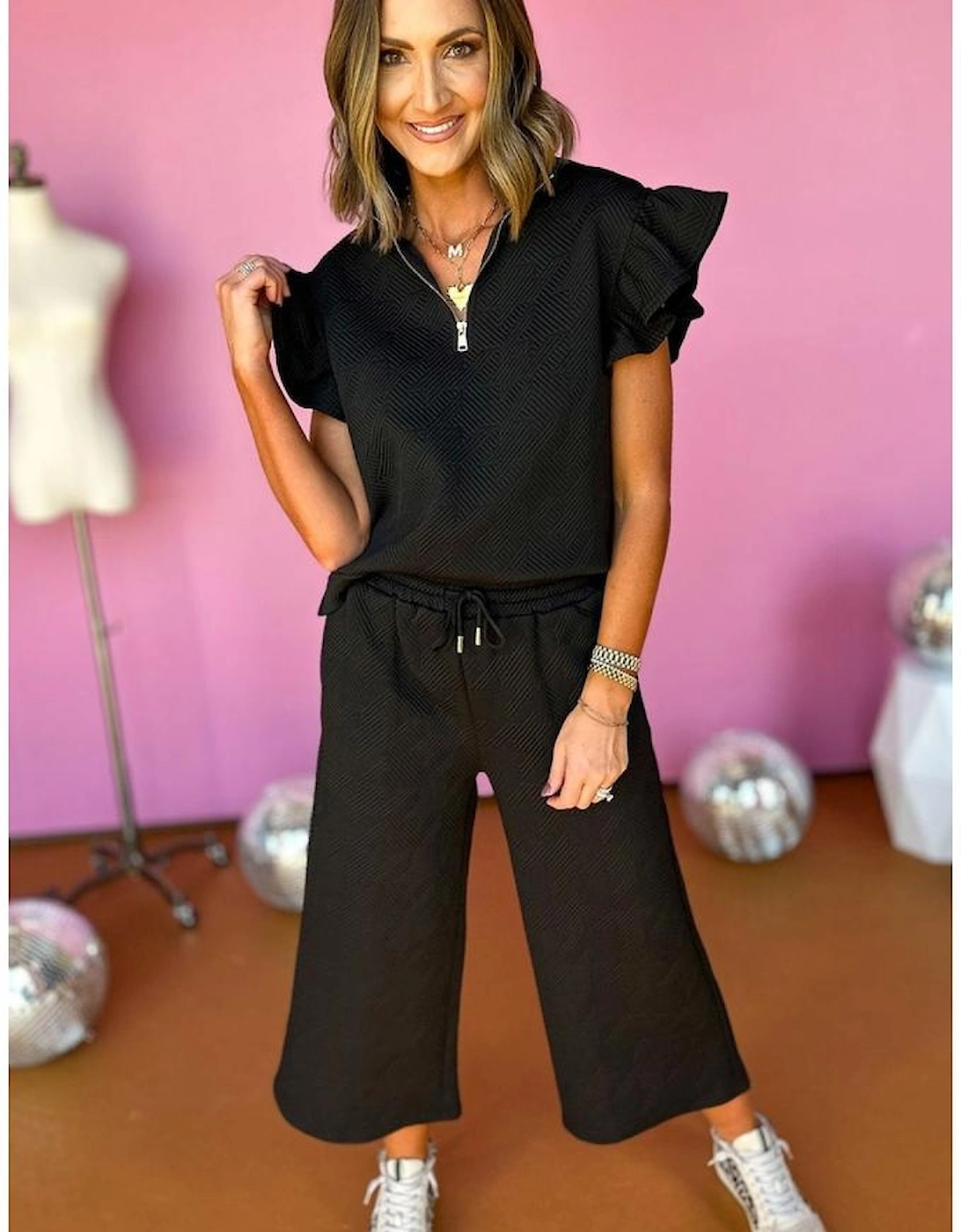 Black Textured Flutter Sleeve Top Wide Leg Pants Set, 11 of 10
