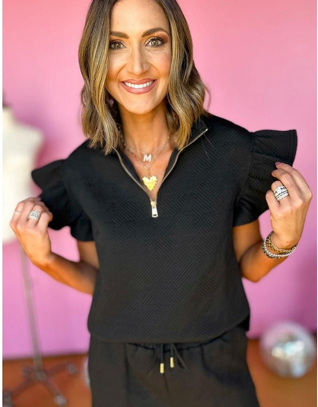 Black Textured Flutter Sleeve Top Wide Leg Pants Set