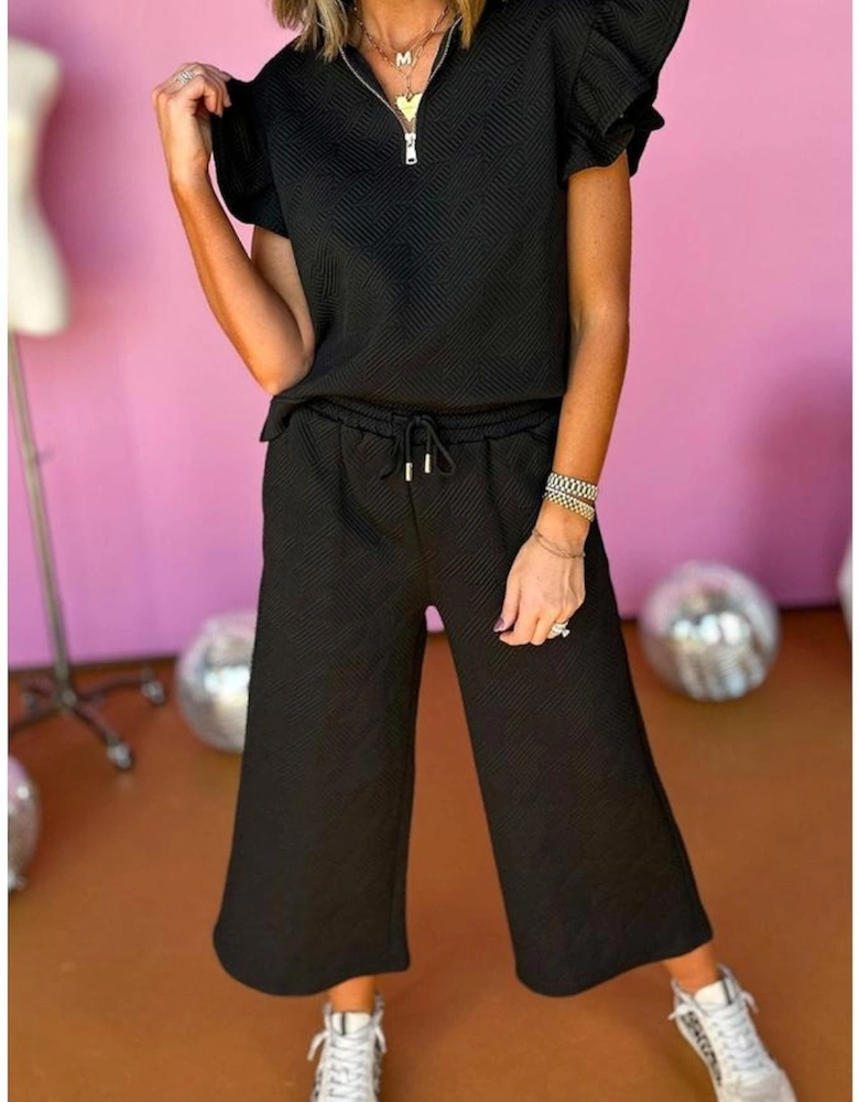 Black Textured Flutter Sleeve Top Wide Leg Pants Set