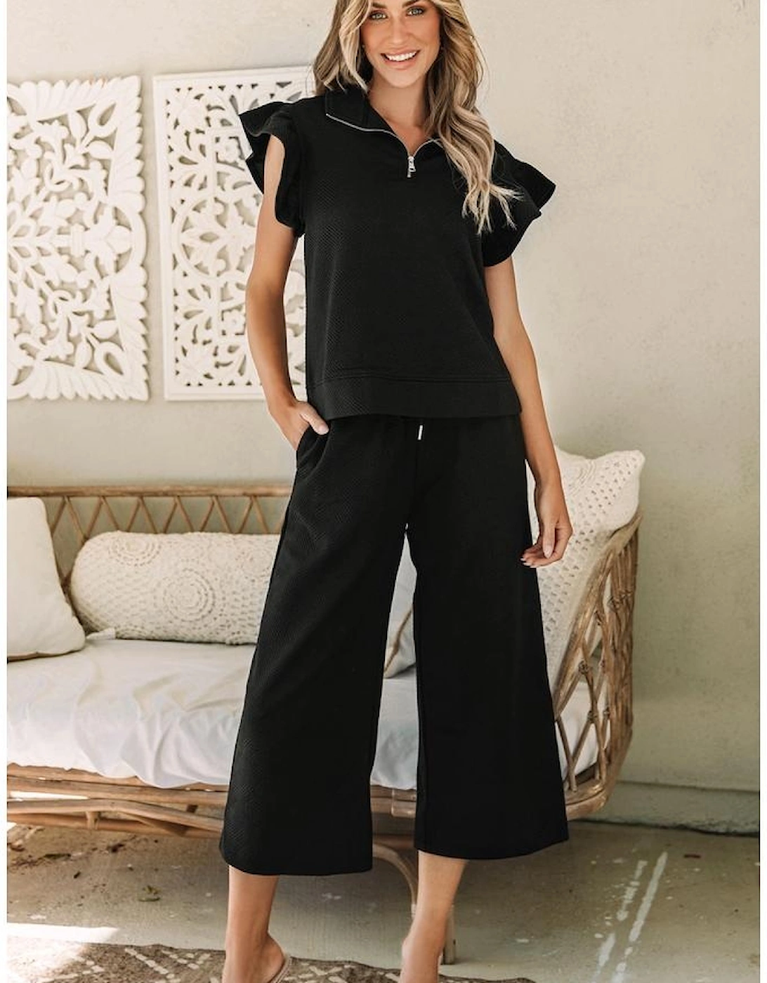 Black Textured Flutter Sleeve Top Wide Leg Pants Set