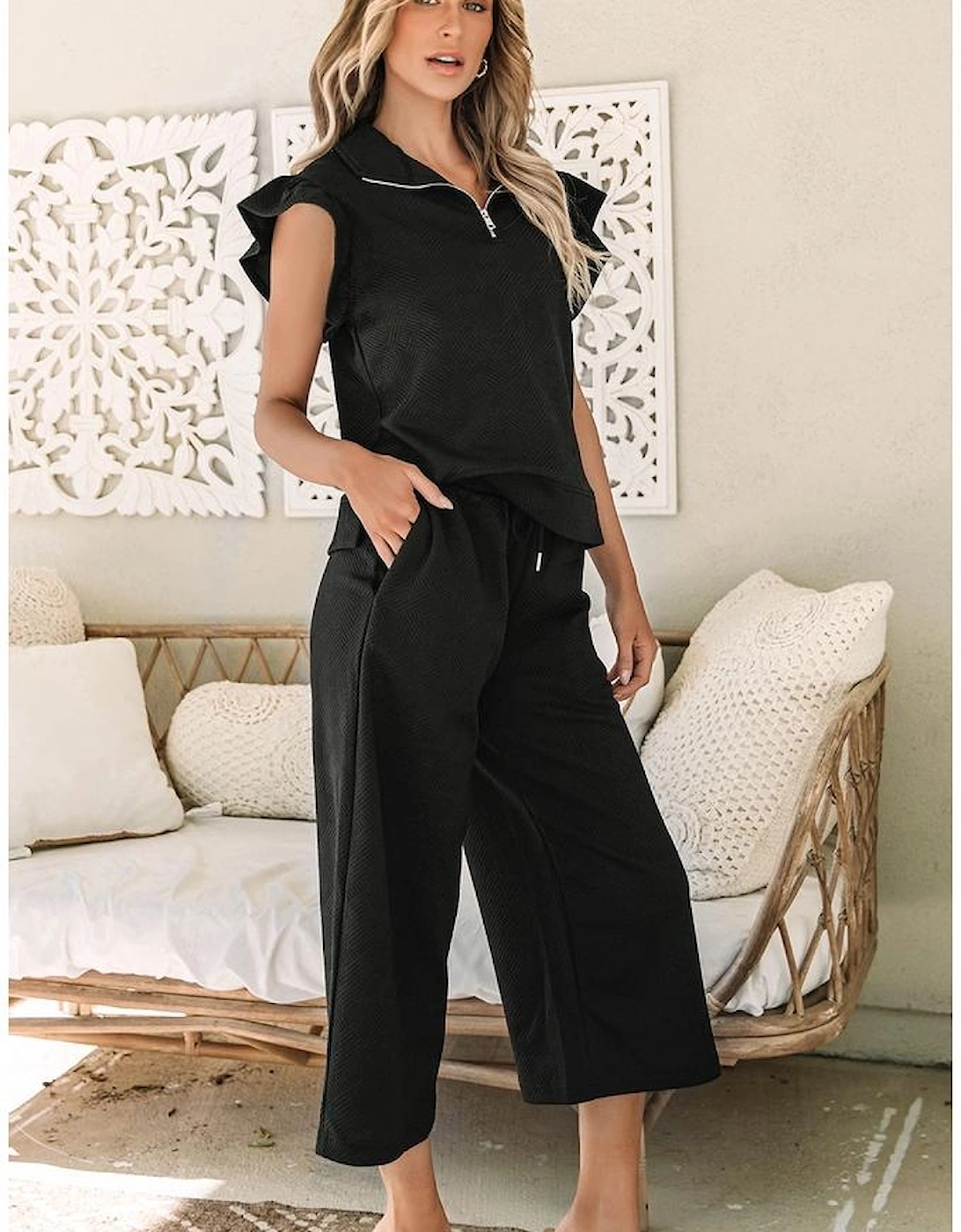 Black Textured Flutter Sleeve Top Wide Leg Pants Set