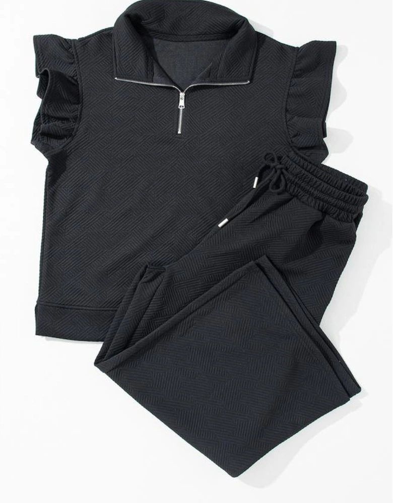 Black Textured Flutter Sleeve Top Wide Leg Pants Set