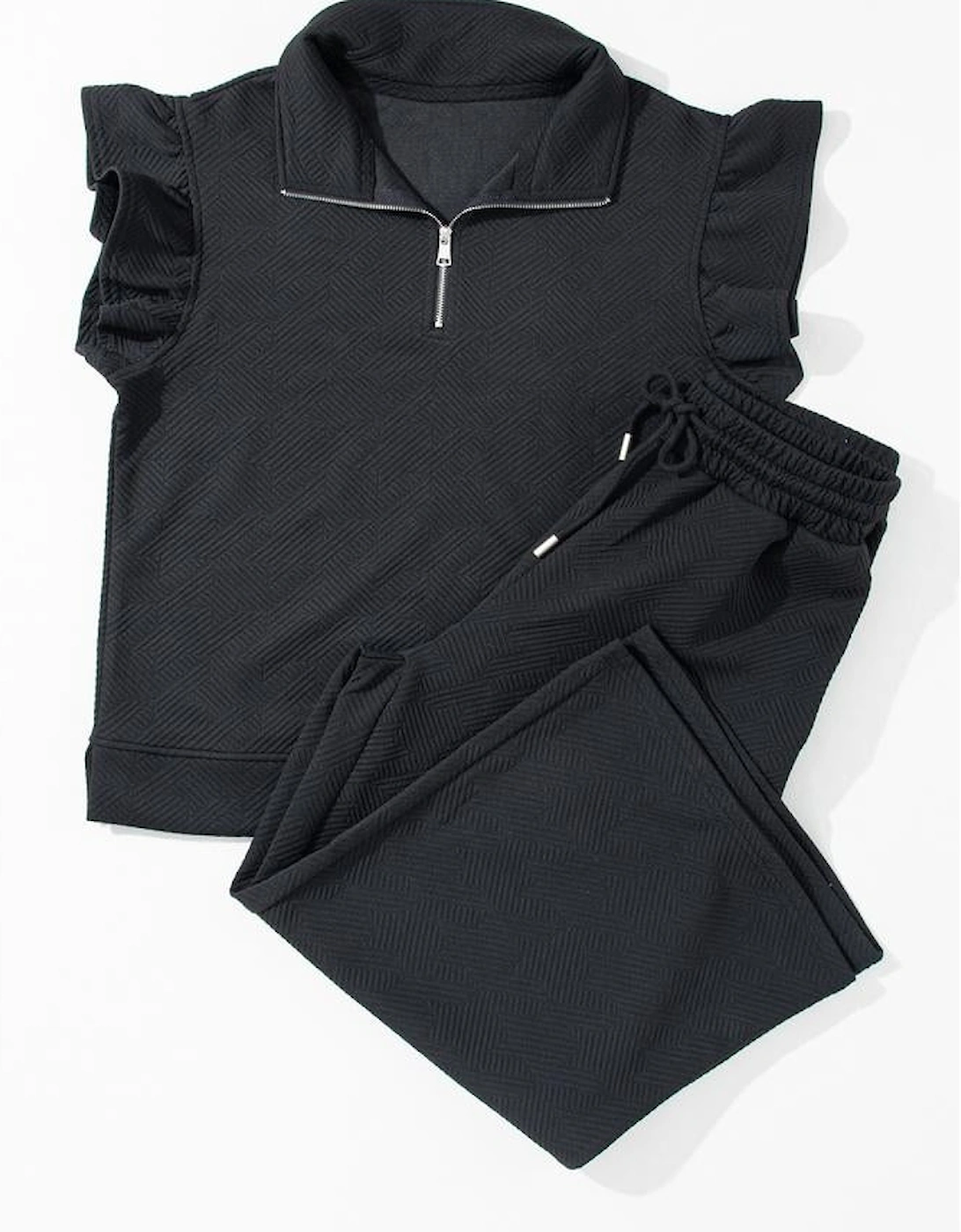 Black Textured Flutter Sleeve Top Wide Leg Pants Set