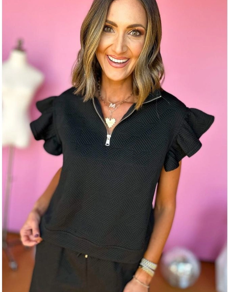 Black Textured Flutter Sleeve Top Wide Leg Pants Set