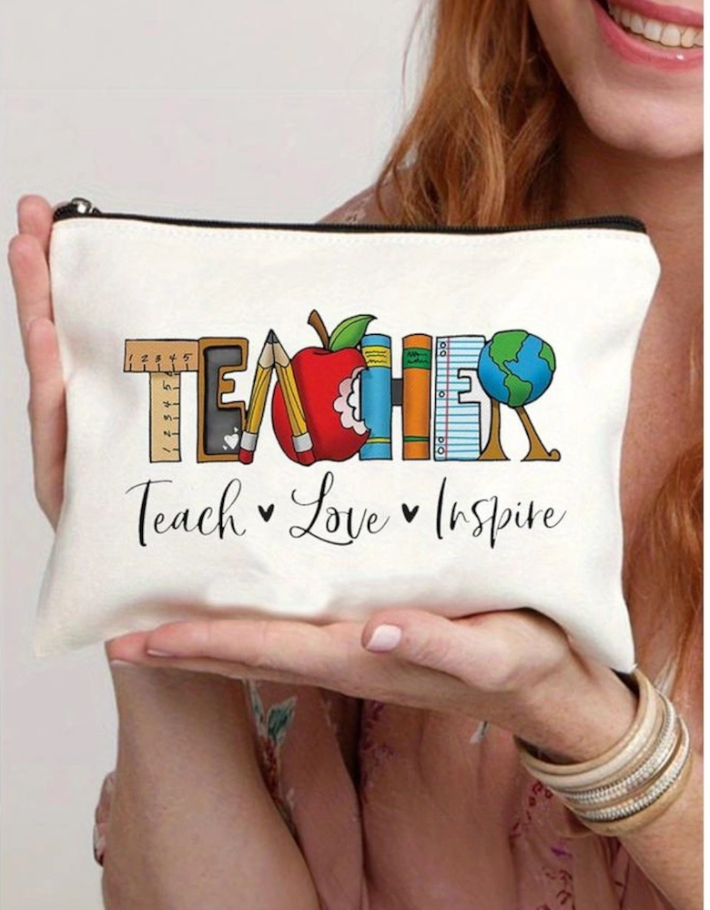 White TEACHER Graphic Print Zipper Cosmetic Bag