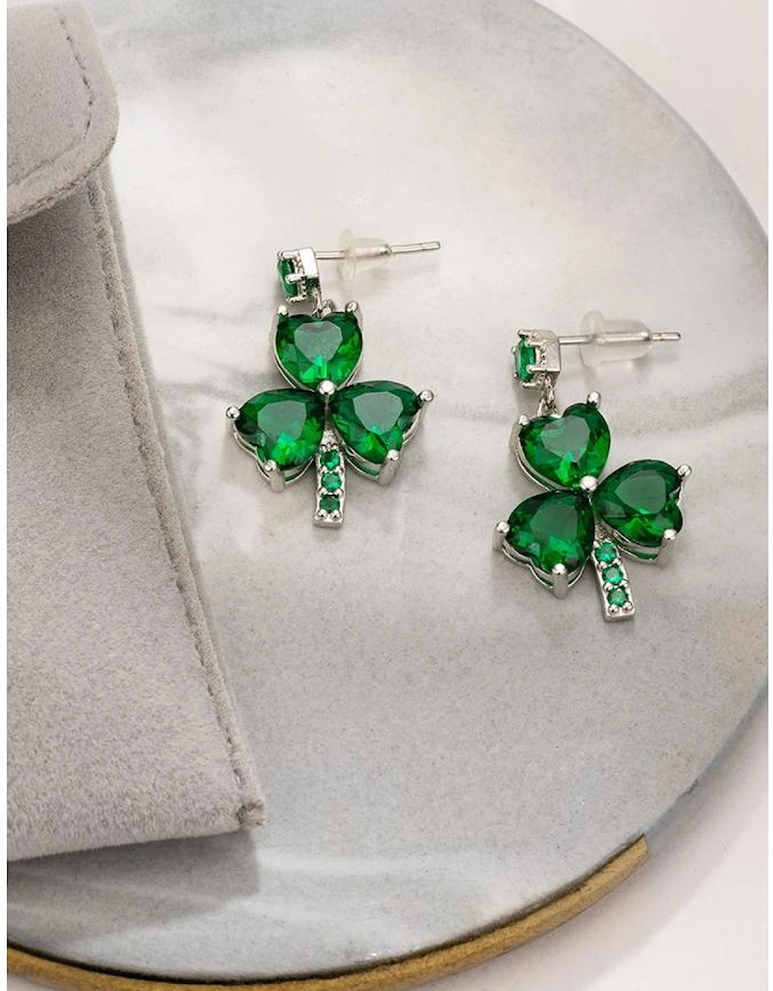 Mist Green Clover Diamond Studded Dangle Earrings