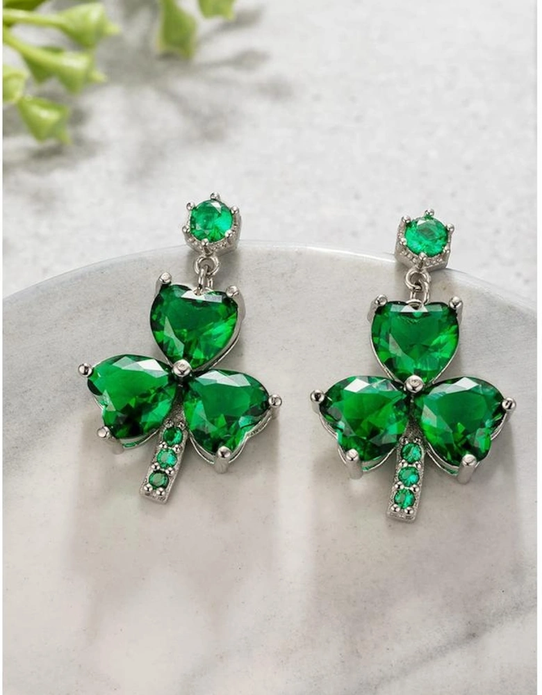 Mist Green Clover Diamond Studded Dangle Earrings