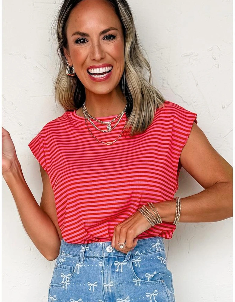 Red Stripe Ribbed Cap Sleeve Round Neck T Shirt