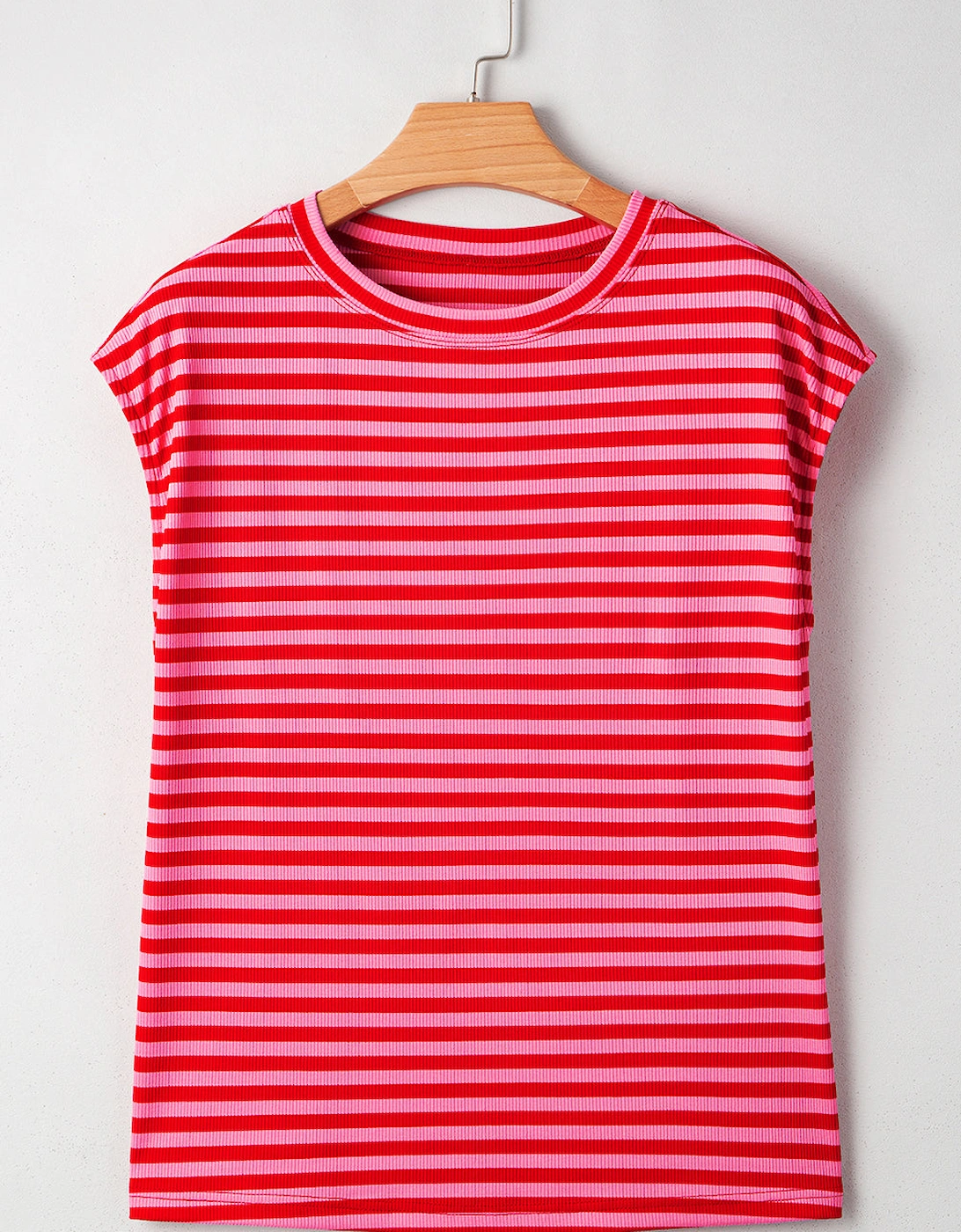 Red Stripe Ribbed Cap Sleeve Round Neck T Shirt