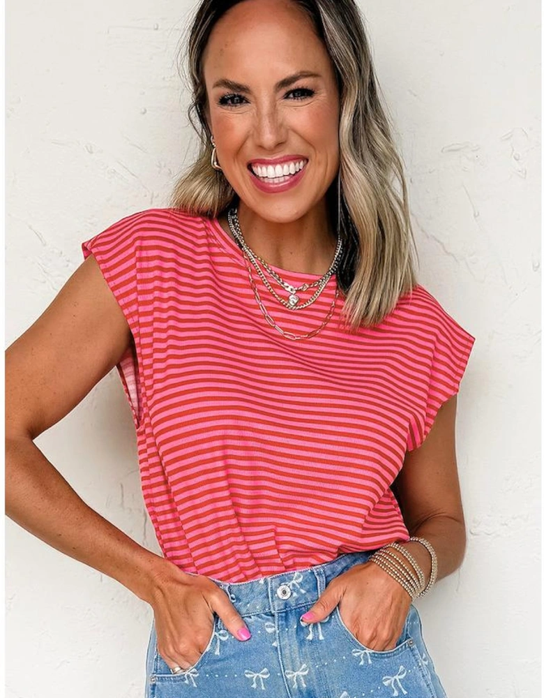 Red Stripe Ribbed Cap Sleeve Round Neck T Shirt