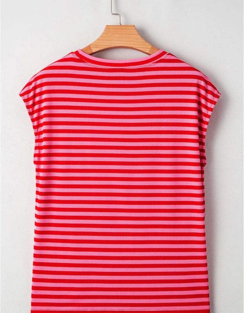Red Stripe Ribbed Cap Sleeve Round Neck T Shirt