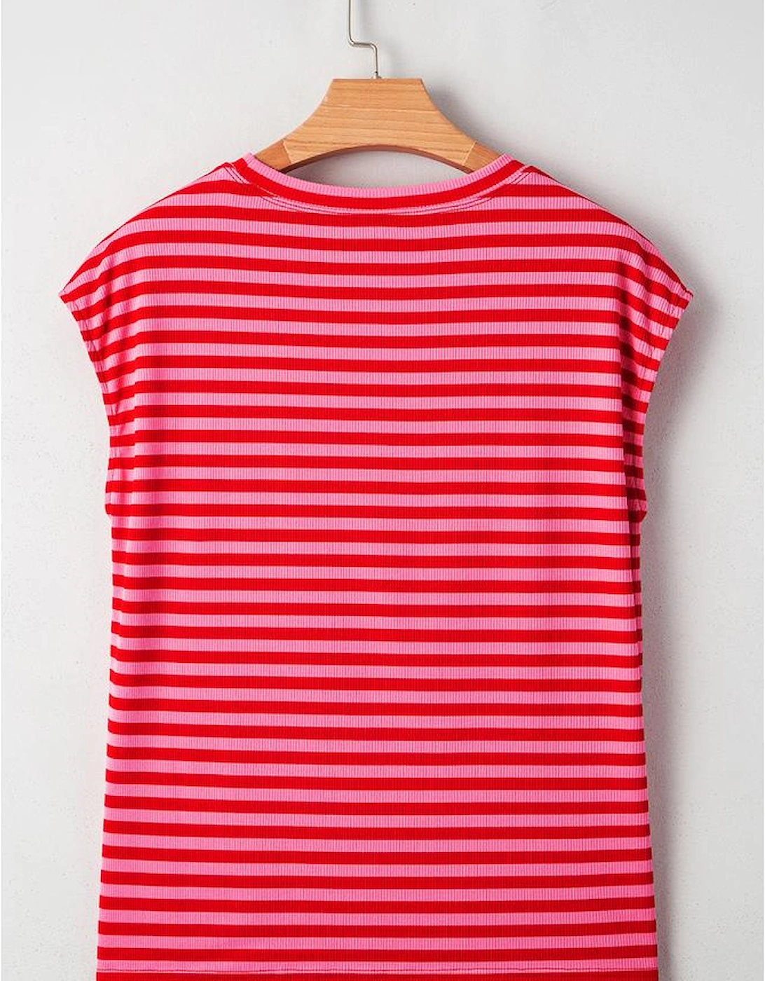 Red Stripe Ribbed Cap Sleeve Round Neck T Shirt