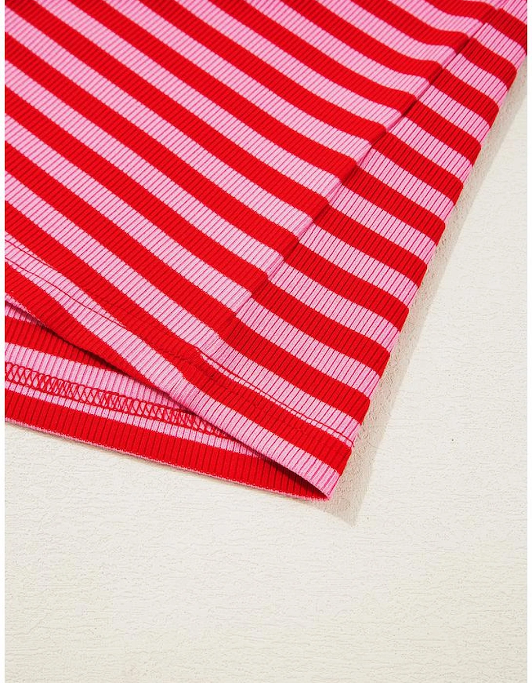 Red Stripe Ribbed Cap Sleeve Round Neck T Shirt