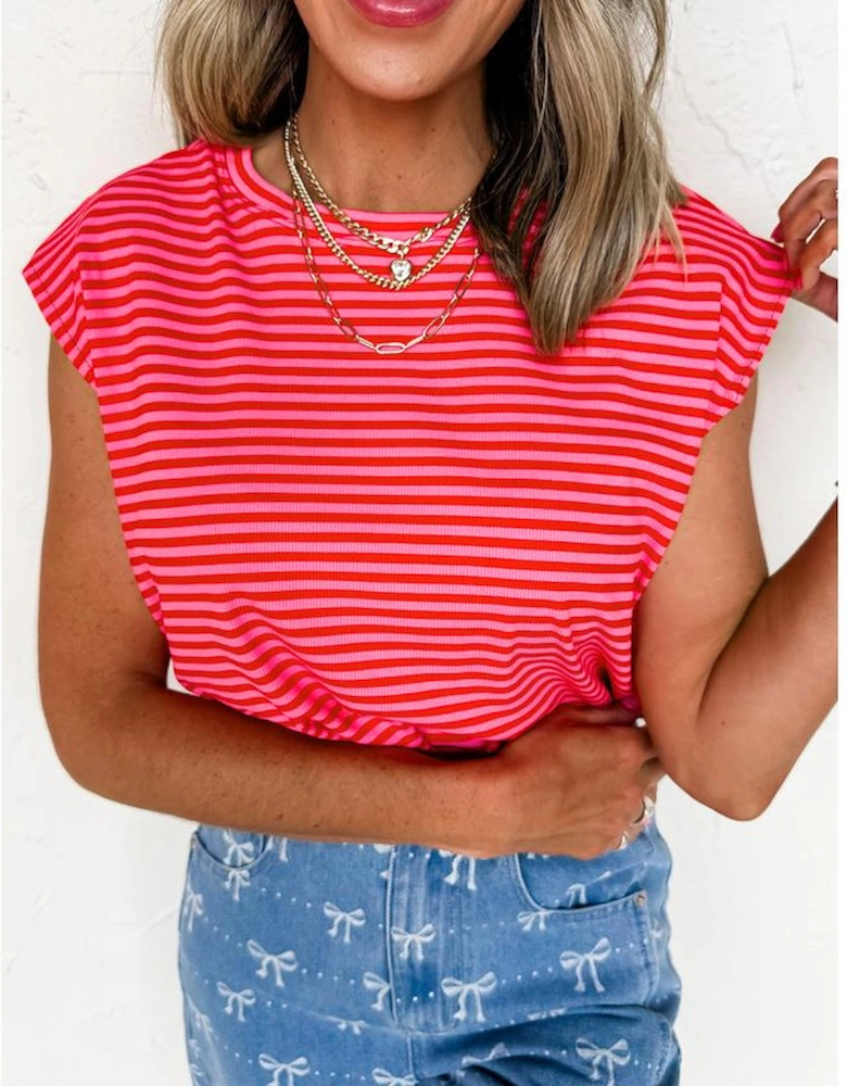Red Stripe Ribbed Cap Sleeve Round Neck T Shirt