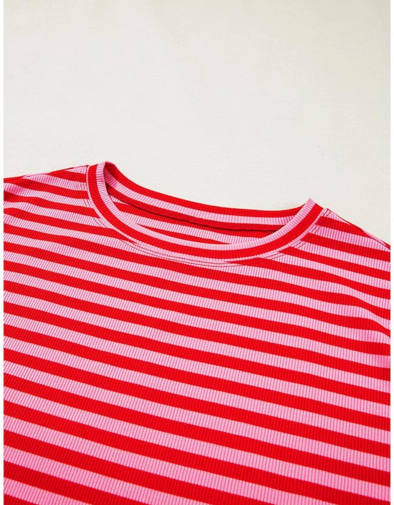 Red Stripe Ribbed Cap Sleeve Round Neck T Shirt