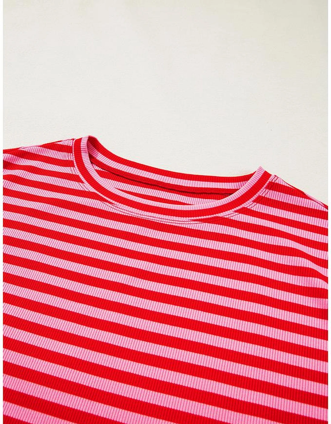 Red Stripe Ribbed Cap Sleeve Round Neck T Shirt