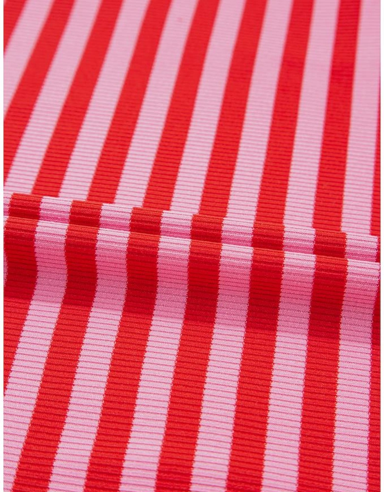 Red Stripe Ribbed Cap Sleeve Round Neck T Shirt