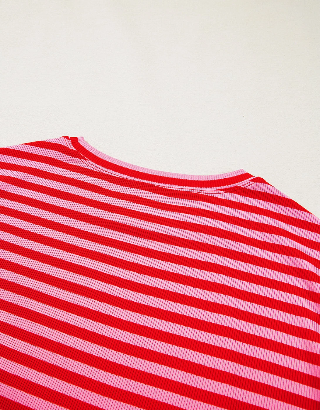 Red Stripe Ribbed Cap Sleeve Round Neck T Shirt