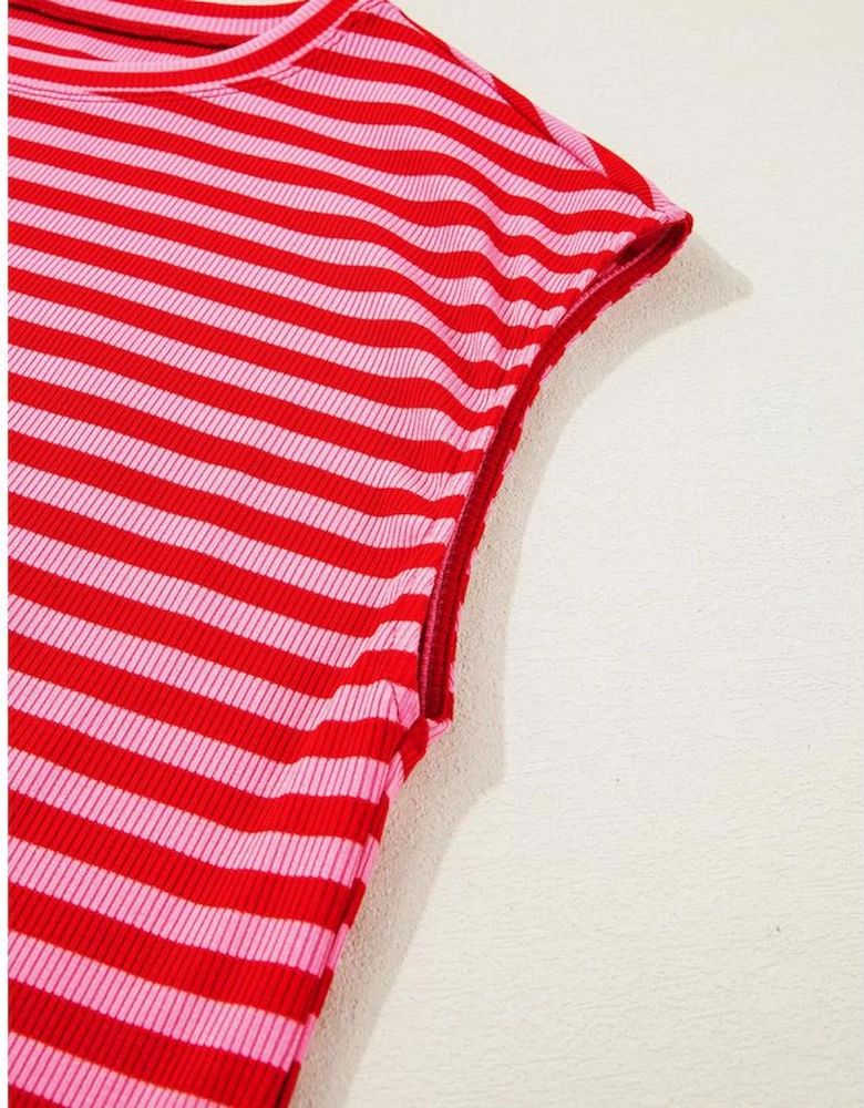 Red Stripe Ribbed Cap Sleeve Round Neck T Shirt