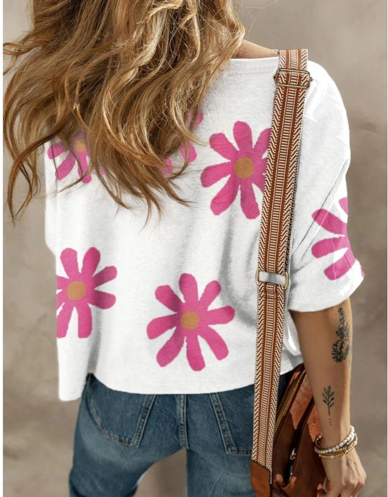 White Daisy Flower Printed Casual T Shirt
