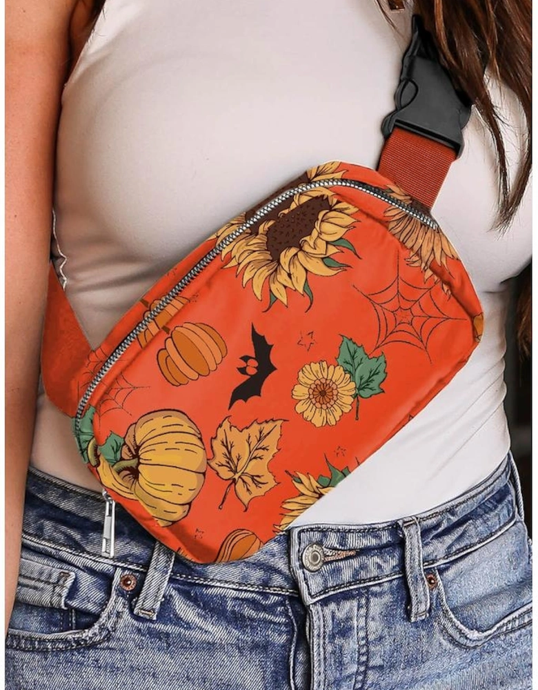 Orange Pumpkin Sunflower Halloween Graphic Crossbody Bag