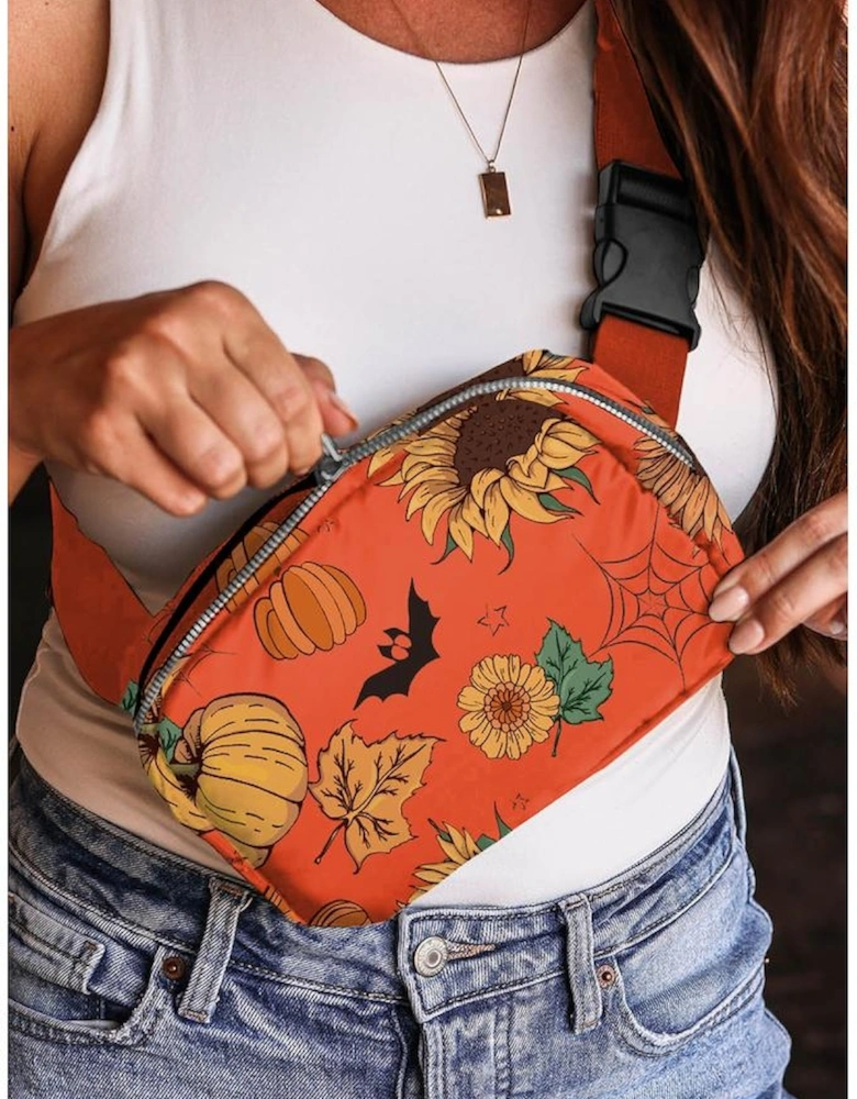 Orange Pumpkin Sunflower Halloween Graphic Crossbody Bag