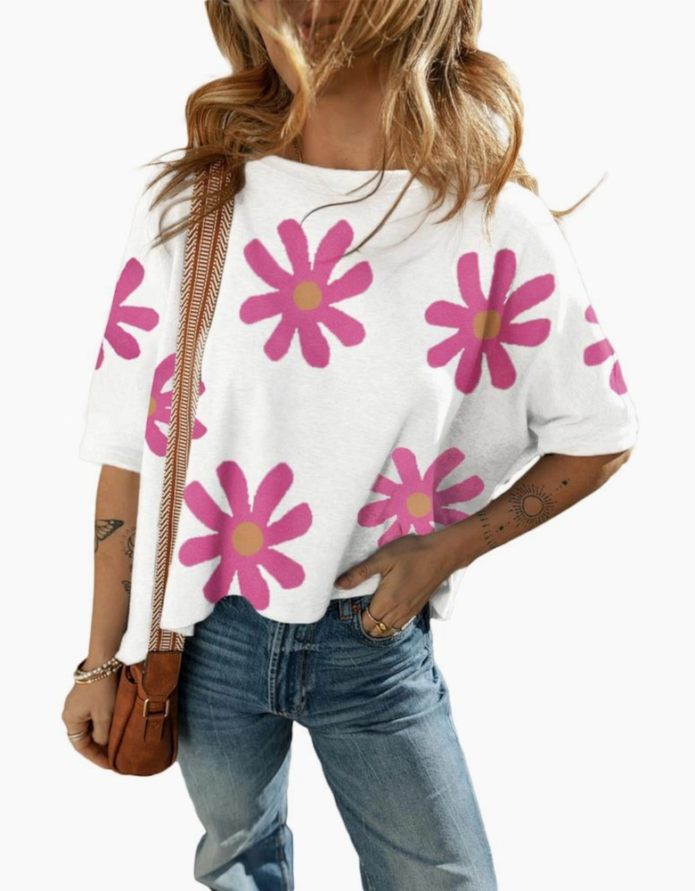White Daisy Flower Printed Casual T Shirt