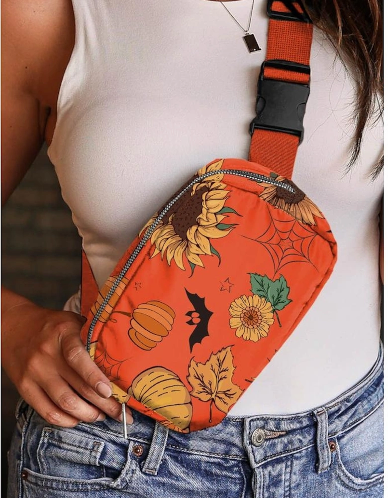 Orange Pumpkin Sunflower Halloween Graphic Crossbody Bag