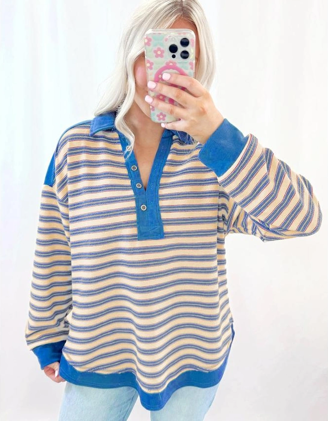 Blue Stripe Buttoned V Neck Collared Drop Shoulder Top