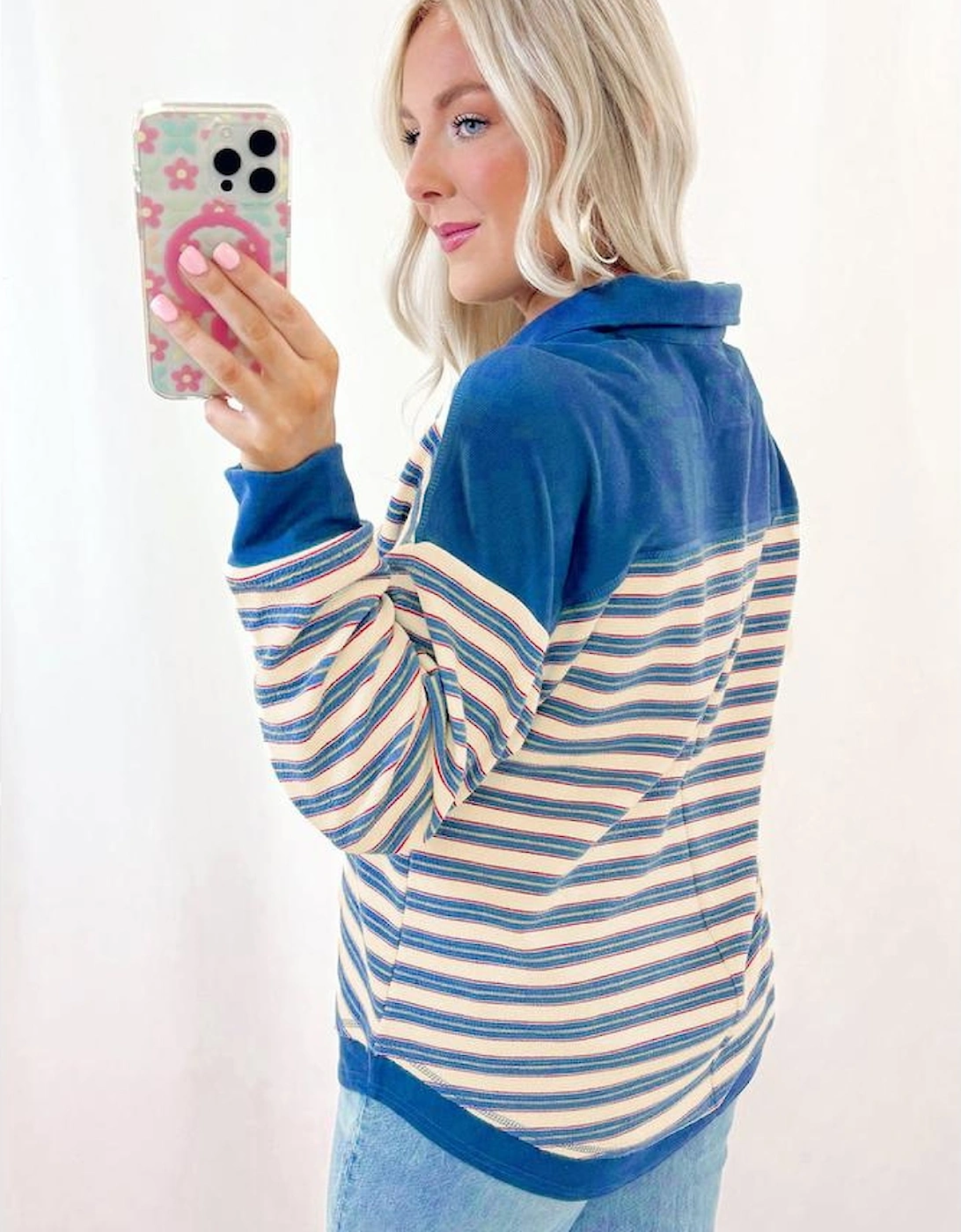 Blue Stripe Buttoned V Neck Collared Drop Shoulder Top, 6 of 5