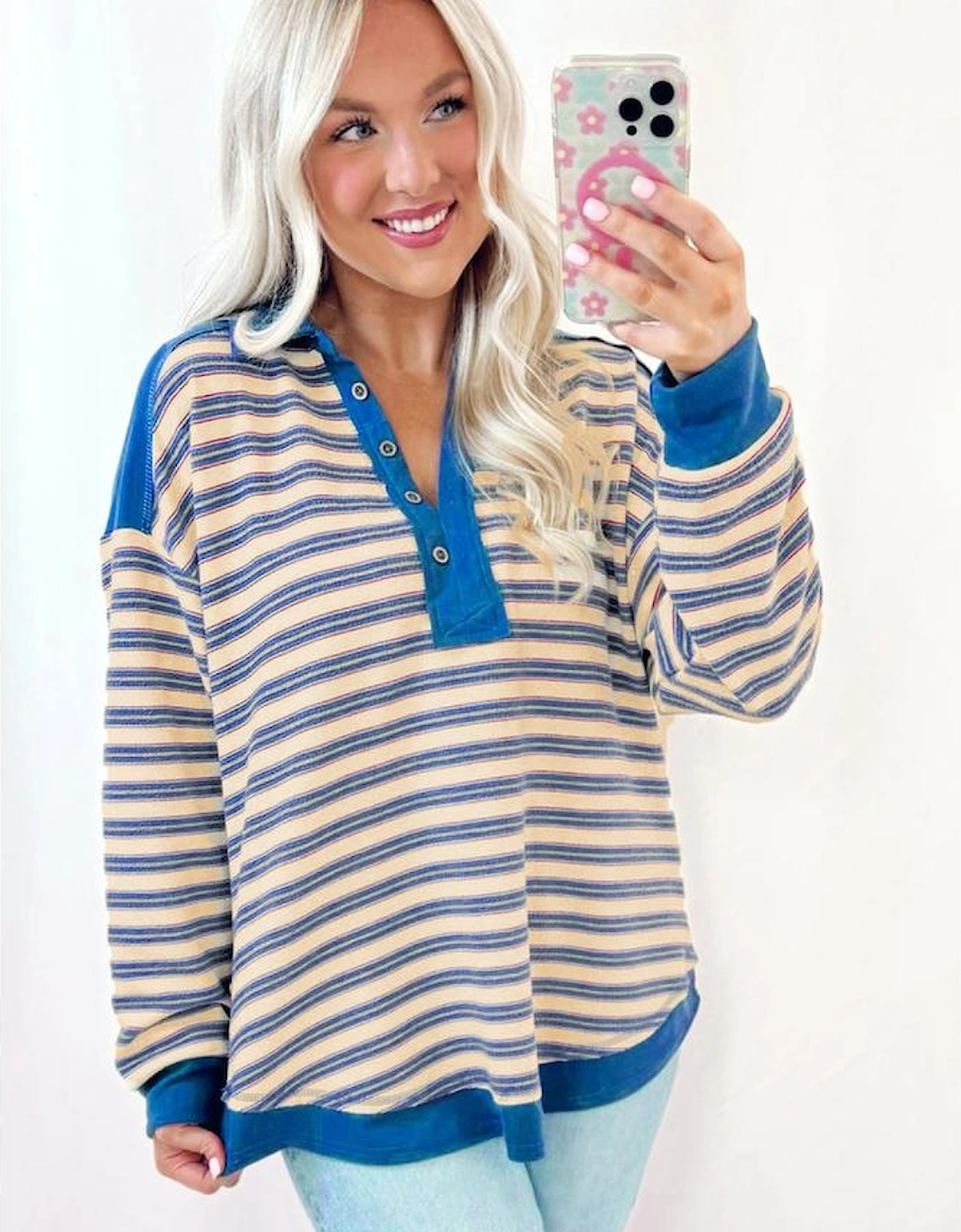 Blue Stripe Buttoned V Neck Collared Drop Shoulder Top