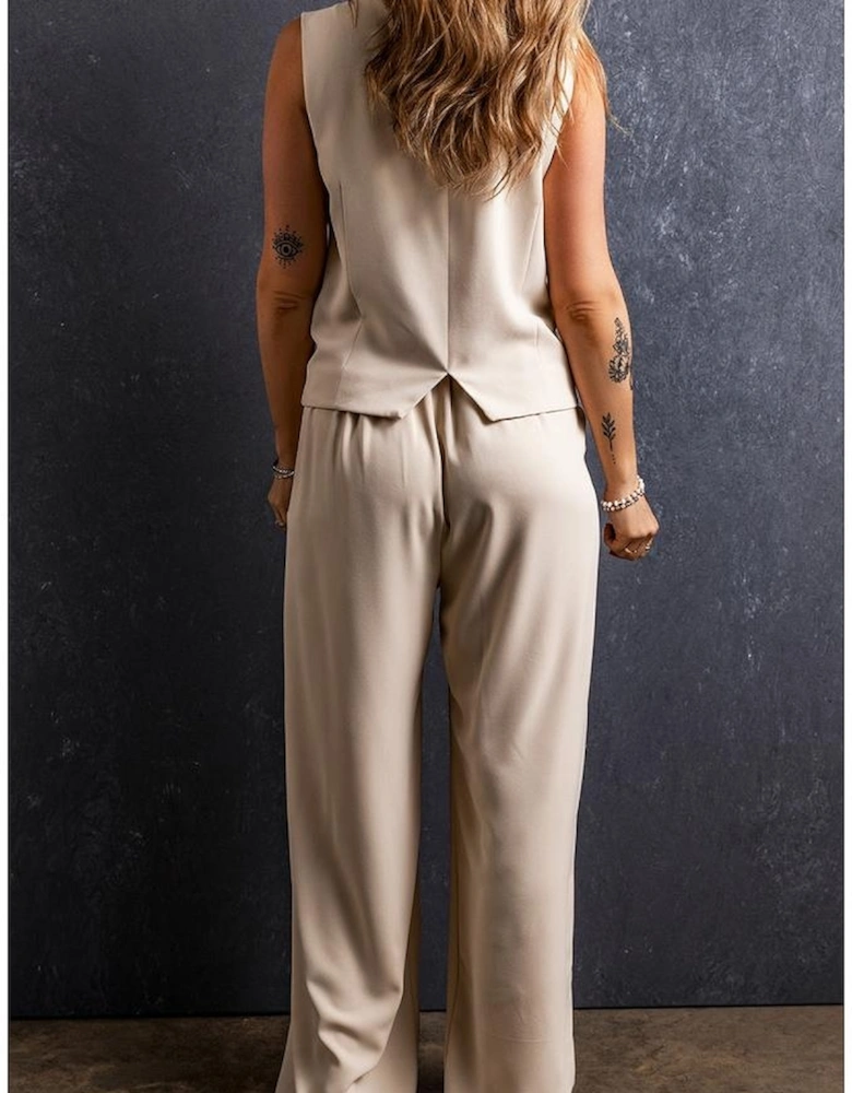 Apricot Elastic Waist Pleated Wide Leg Pants