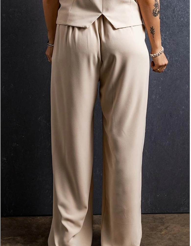 Apricot Elastic Waist Pleated Wide Leg Pants