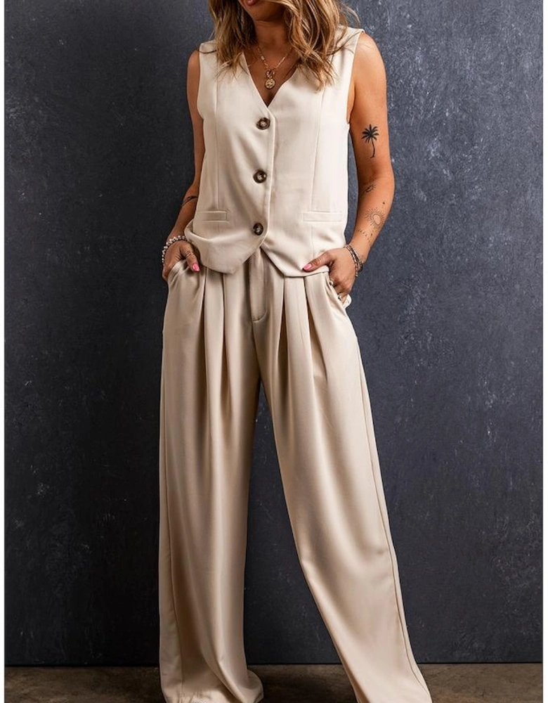 Apricot Elastic Waist Pleated Wide Leg Pants