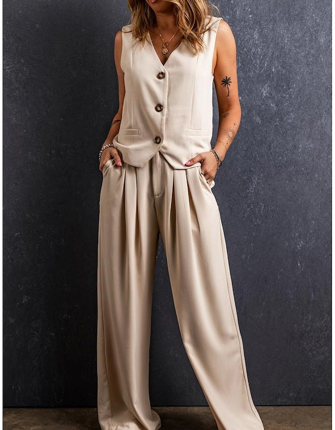 Apricot Elastic Waist Pleated Wide Leg Pants