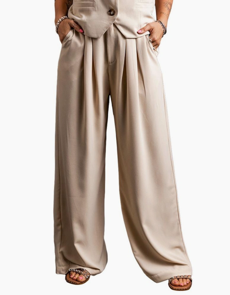 Apricot Elastic Waist Pleated Wide Leg Pants