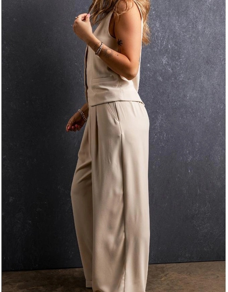 Apricot Elastic Waist Pleated Wide Leg Pants