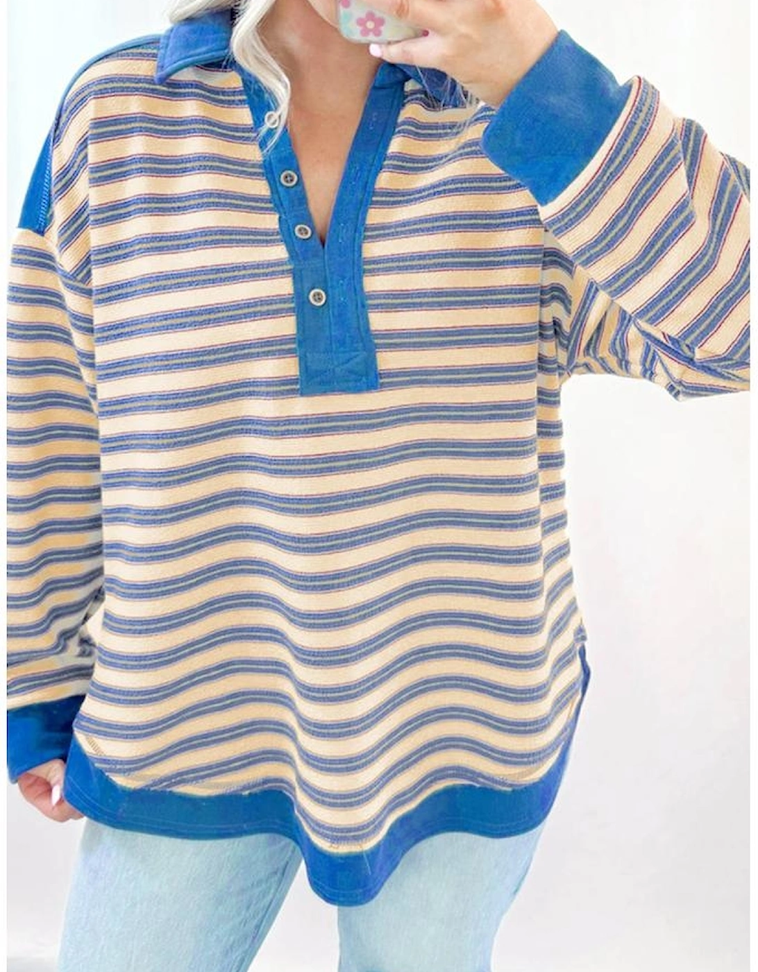 Blue Stripe Buttoned V Neck Collared Drop Shoulder Top