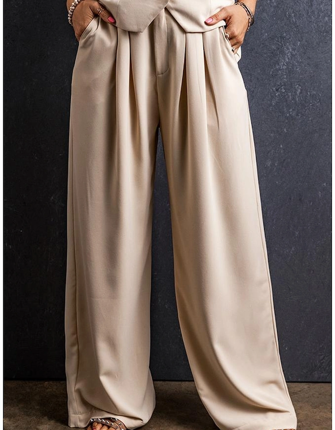 Apricot Elastic Waist Pleated Wide Leg Pants