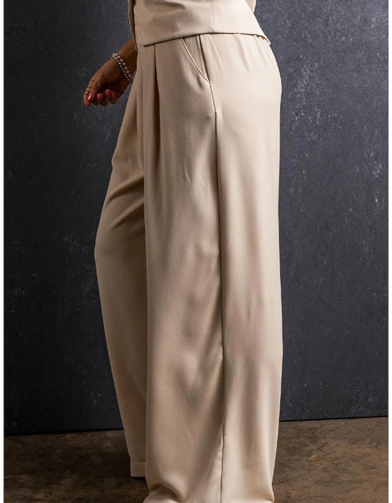 Apricot Elastic Waist Pleated Wide Leg Pants
