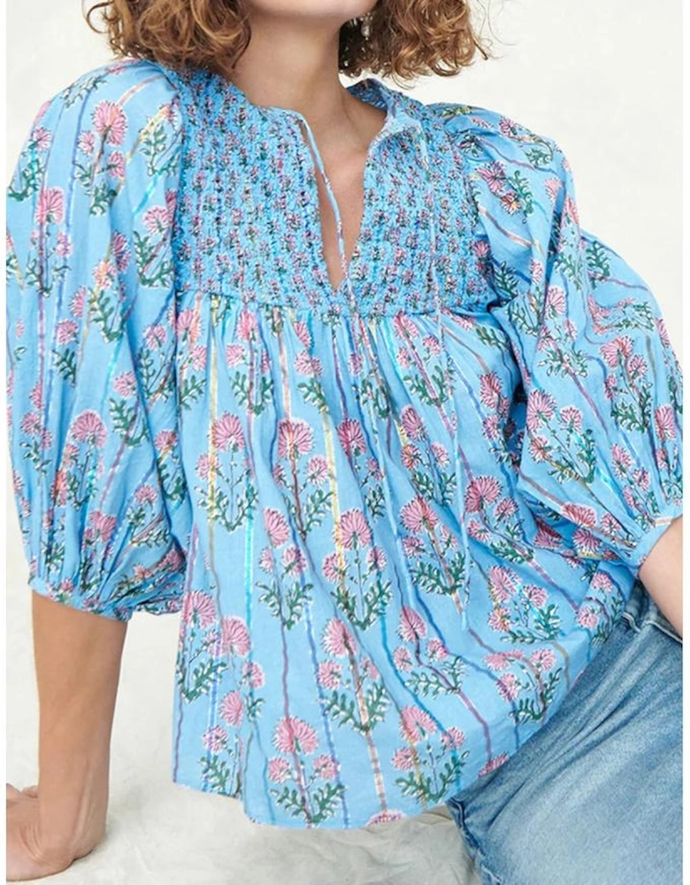 Sky Blue Floral Striped Print Shirred Yoke Split Neck Blouse